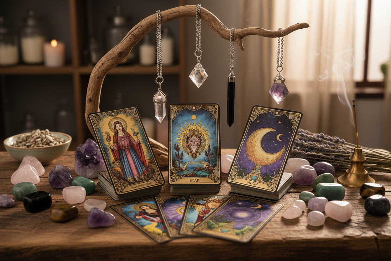 tarot cards tumble stones crystal pendulums